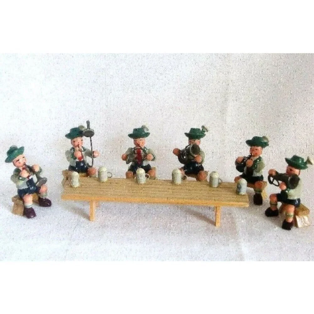 Octoberfest Hand Carved Figurines Set of 6 w/Miniature Table and Beers